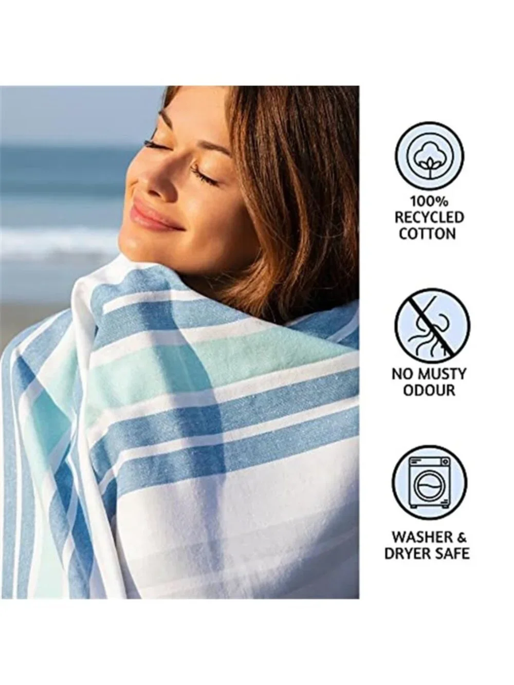 Turkish Beach Towel 40x72 Quick Dry Sandproof Lightweight Cotton Ocean Blue Bag